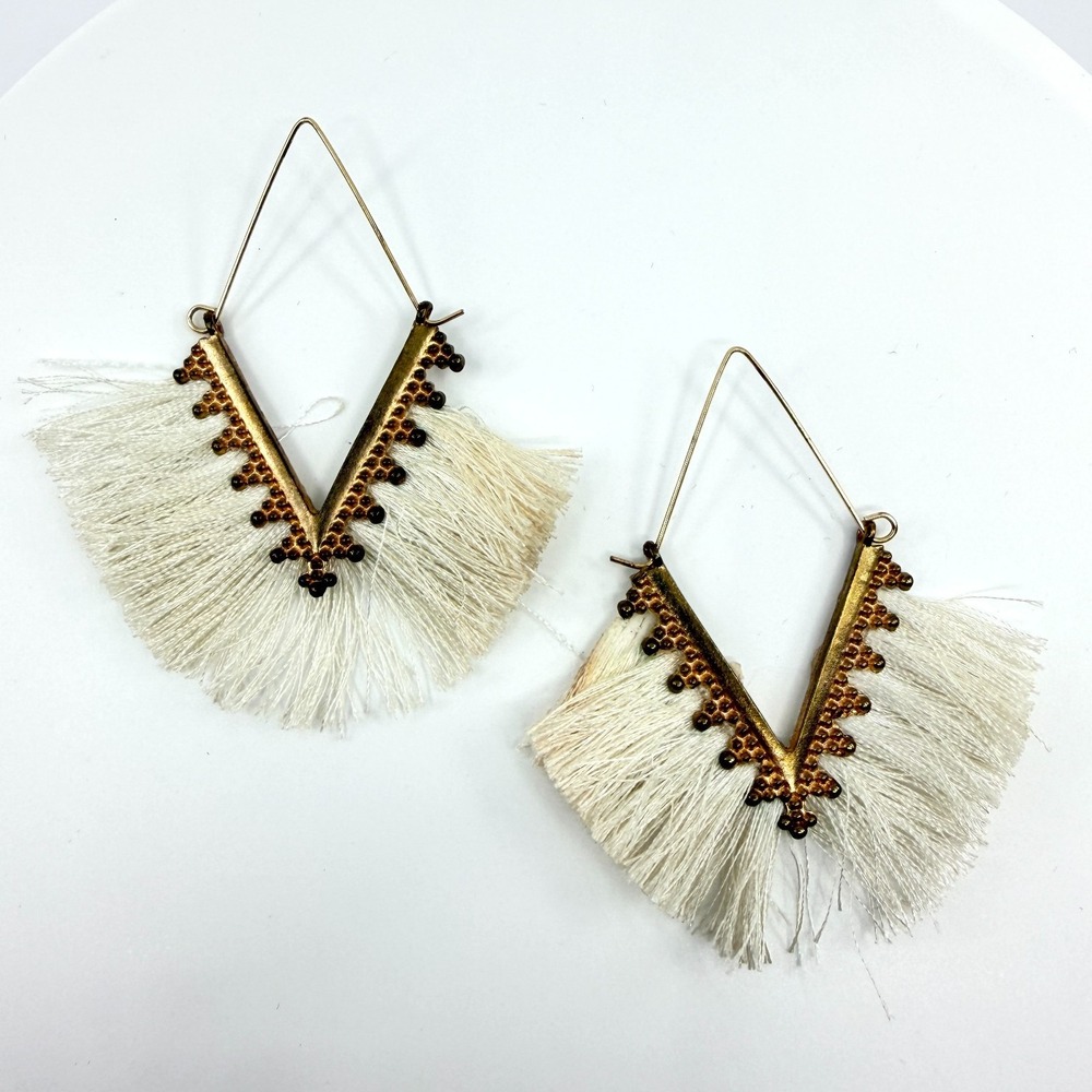 Vintage Boho Chic Cream White Tassel Fringe Chevron V Shaped Drop Hoop Earrings